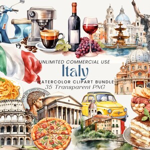 Italië aquarel clipartbundel | Illustraties Rome | Italië vakantie clipart voor plakboek | Italiaans eten clipart | Italiaanse bezienswaardigheden