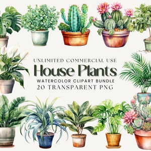 Pacote de clipart de plantas de casa em aquarela | Plantas em vasos, planta cobra, suculenta, babosa, figo de folha de violino, planta de interior, amante de plantas, jardinagem