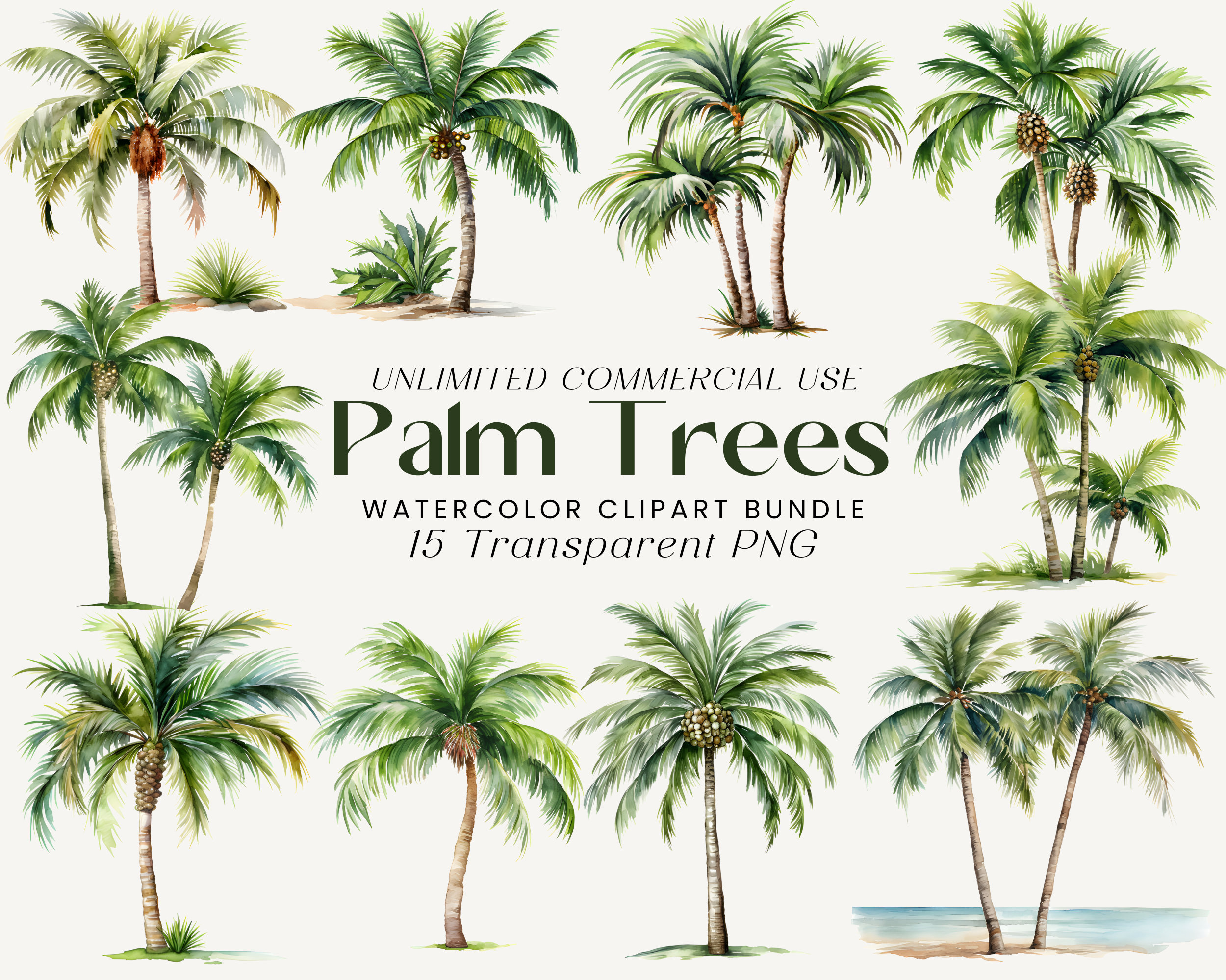 Watercolor Palm Tree Clipart Bundle: Tropical PNG Graphics (Digital Download)