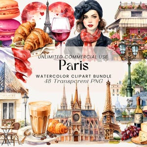 Lot de cliparts aquarelle de Paris | Illustrations françaises romantiques pour travaux manuels et invitations | Art de la tour Eiffel | Graphiques de voyage PNG