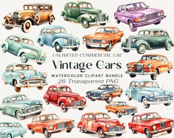 Oldtimer Aquarell Clipart Bundle: Retro Fahrzeug PNG (Digital Download)