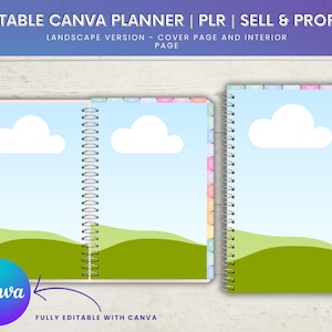 Peut inclure: Deux agendas à spirales avec des couvertures de style paysage. Les couvertures présentent un ciel bleu avec des nuages blancs et des collines verdoyantes. Le texte en haut indique "EDITABLE CANVA PLANNER | PLR | SELL & PROFIT!" et "FULLY EDITABLE WITH CANVA."