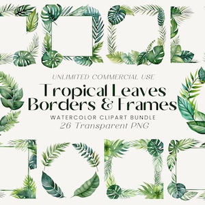 Tropische bladeren randen clipartbundel | Kransen en lijsten, tropische bladrand, aquarelgroene randen, tropische zomerrand