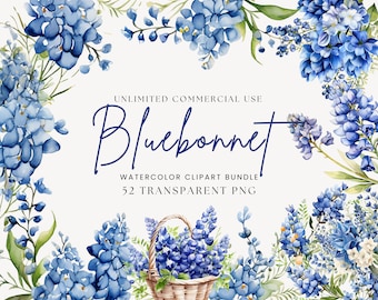 May include: Watercolor clipart bundle of bluebonnet flowers.  The bundle includes 52 transparent PNG files for unlimited commercial use.