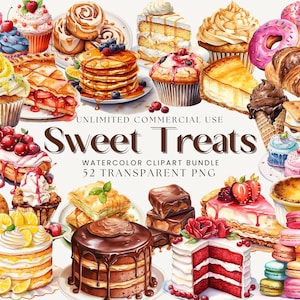 Zestaw akwarelowych clipartów Sweet Treats | Grafiki babeczek, Ciasto czekoladowe, Baklawa, Pączek, Sernik, Ciasteczka, Ciasto | Desery PNG