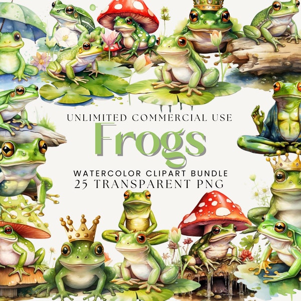 Frogs Watercolor Clipart Bundle | Green Toad Graphics, Frog Graphics, Croaker Clipart, Tidepool Clipart, Green Toad, Floral Frogs Clipart