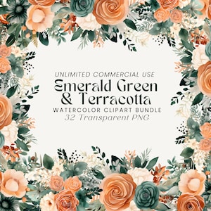 May include: Watercolor clipart bundle featuring 32 transparent PNG images of emerald green and terracotta flowers. The images are perfect for creating invitations, cards, and other digital designs.