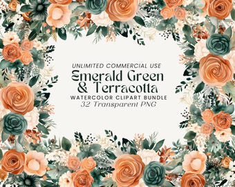 Smaragd & Terrakotta Blumen Clipart: Boho Hochzeits-Grafik (digitaler Download)
