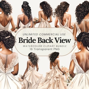Aquarelle femme mariée noire | Illustration nuptiale | Vue arrière Mariée | Clipart mariage PNG | Art de la mariée afro-américaine |