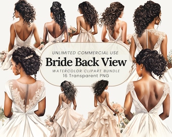 Schwarze Braut Aquarell Clipart: Rückansicht Braut Illustration (PNG)