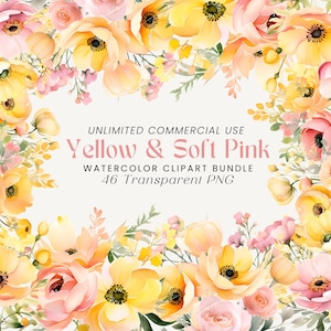 Gele en zachtroze bloemen clipartbundel | Aquarel bloemen clipart, bloemenboeketten, bloemen elementen, bloemen frames | Lentebloemen