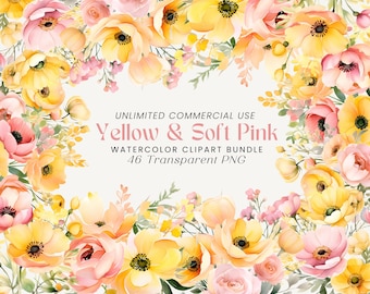 Pacote de clipart floral amarelo e rosa: flores de primavera em aquarela (download digital)