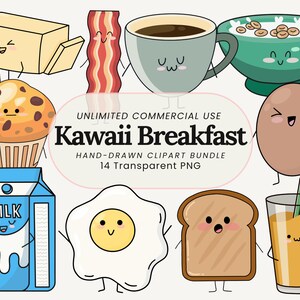 Kawaii Breakfast Clipart | Cute Food PNG | Cereal, Coffee, Eggs, Toast, Waffles | Digital Download