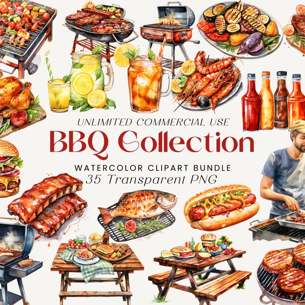 Barbecue Watercolor Clipart Bundle | Summer Clipart, BBQ Sublimation | Backyard Party, Food Sublimation, Burger, Hot Dog, Grill, Picnic