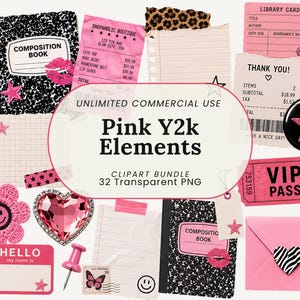 Puede incluir: Una colección digital de elementos rosas Y2k que incluye un cuaderno de composición, un recibo de tienda, una tarjeta de biblioteca, una nota de agradecimiento, un pase VIP, un sobre rosa con un corazón, una flor de ganchillo, una gema y una chincheta.
