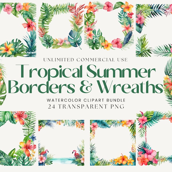 Watercolor Tropical Summer Border Clipart | Watercolor Summer Wreaths | Tropical Leaves and flowers | Hawaiian Flowers Border | Summer PNG