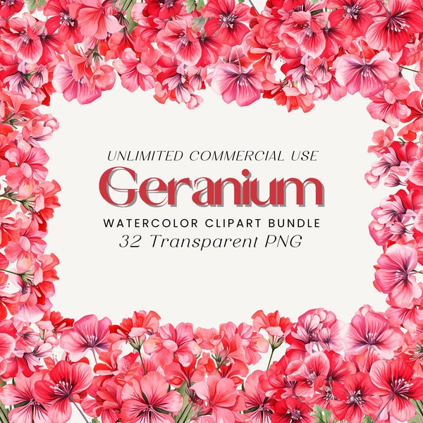 Geranium Watercolor Clipart Bundle | Spring Flowers, Floral Clipart, Red Floral Clipart, Floral Wreath, Floral borders, Floral Bouquets