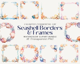 Muschel Ränder Clipart Bundle: Aquarell Rahmen, Tropisch PNG (digitaler Download)
