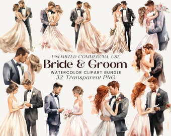 Aquarell Braut und Bräutigam Clipart: Hochzeit PNG Bundle (32 Bilder)