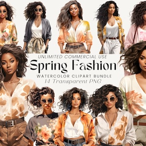Lot de cliparts mode printemps femme noire | Femmes noires à la mode | Tenues de printemps chics | Graphiques pour réseaux sociaux | Clipart mode filles