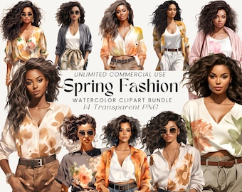 Pacote de clipart de moda de primavera de mulher negra | Mulheres negras da moda | Roupas chiques de primavera | Gráficos de mídia social | Clipart de meninas da moda