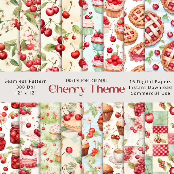 Cherry Digital Paper Seamless | Vintage Watercolor Scrapbook Papers | Scrapbooking, Junk Journal, Dessert Pattern, Cherry Pie Pattern, Fruit