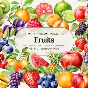 Fruitclipartbundel | Aquarelfruit, png-bestand | Tropisch en seizoensfruit voor logo's, uitnodigingen en sublimatie
