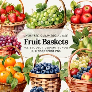 Obstkorb Aquarell Clipart | Aquarell Obst PNG | Digitale Illustration Niedliches Einkaufskorb-Kunst | Landhaus Küche Dekor