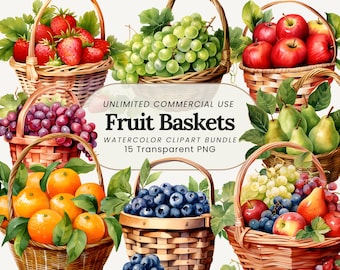 Aquarell Obst Korb Clipart: Bauernhaus Küche Kunst (PNG Digital Download)