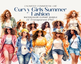 Kurvige Mädchen Sommer Mode Clipart: Plus Größe PNG Bündel