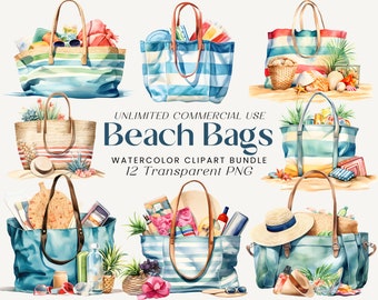 Aquarell Strandtasche Clipart: Sommerferien PNG Bundle