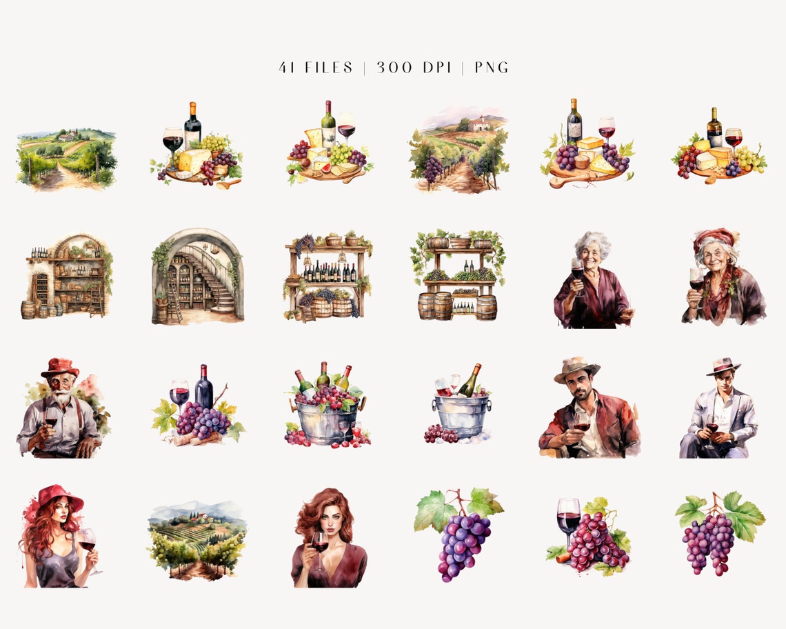 Watercolor Red Wine Clipart Bundle Wine Illustrations Red Wine Grapes, Wine Barrel, Vineyard