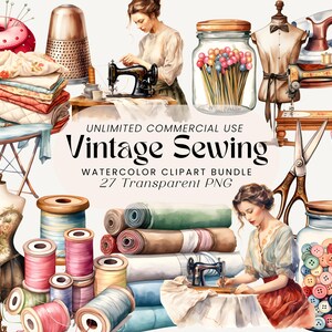 May include: A watercolour clipart bundle of vintage sewing supplies, including spools of thread, buttons, a thimble, a sewing machine, an iron, and a pincushion. The clipart is ideal for crafting, scrapbooking, and other creative projects.