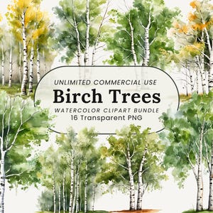 Clipart aquarelle bouleau | Illustration numérique de la forêt | Arbre forestier PNG | Impression décorative de ferme | Clipart forêt