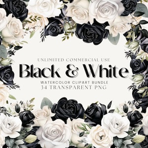 Acuarela blanco y negro floral clipart / rosa clipart / ramo de flores negras, flor blanca, corona floral, marco floral, borde floral