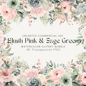 Lot de cliparts floraux rose poudré et vert sauge | Clipart floral aquarelle, bouquets de fleurs, éléments floraux, cadres et bordures floraux