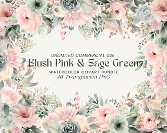 Aquarell Blumen Clipart Bundle: Blush Pink & Salbei Grün (PNG Digital Download)