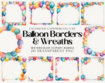 Könnte beinhalten: Ein Set mit 20 Aquarell-Clipart-Bildern von Ballonbordüren und Kränzen. Die Ballons sind in verschiedenen Farben, darunter Rosa, Blau, Gelb, Grün und Lila. Die Bilder sind transparente PNG-Dateien.