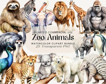 Zoo Tiere Clipart Bundle: 25 Wildtiere PNG Grafiken (Digitaler Download)