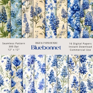May include: A digital paper bundle featuring 16 seamless patterns of bluebonnets, a Texas state flower, on a white background. The bundle includes 12" x 12" digital papers at 300 dpi, perfect for crafting and design projects.  The text "Bluebonnet" is featured in the center of the image.