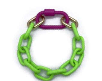 Neon Green chunky chain bracelet,Purple Carabiner Screw Lock Clasp, Toggle bracelet, Multilink Chain, Valentines Day Gift, Gift for Her