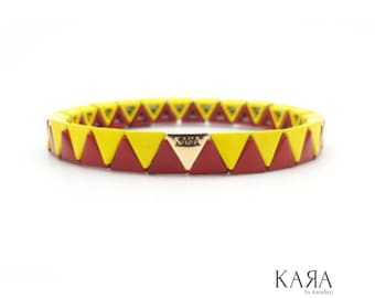 Yellow and Red Triangle Enamel Tile Bracelet, Colorblock Bracelets, Tile Beads Bracelet, Stacking Bracelet, Stretchy Bracelet, Boho Bracelet