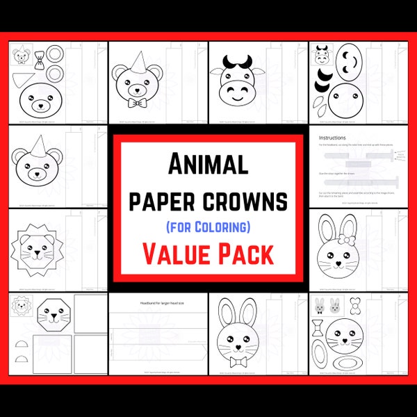 Animal Paper Crowns Value Pack Classroom Craft Kids Printable Paper Craft Template Color Your Own Animal Party Hat Lion Crown Bear Cow Bunny