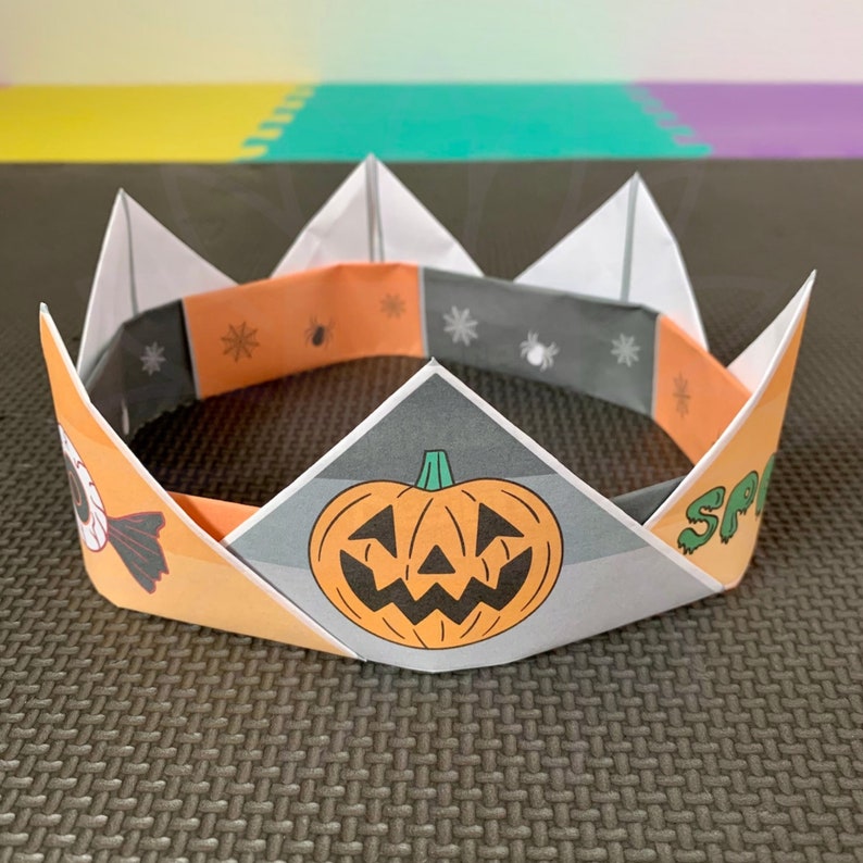 Kids Halloween Paper Crown Printable, Origami Crown Template, Paper Craft For Preschoolers, DIY Paper Headband For Halloween Party Hats PDF image 2