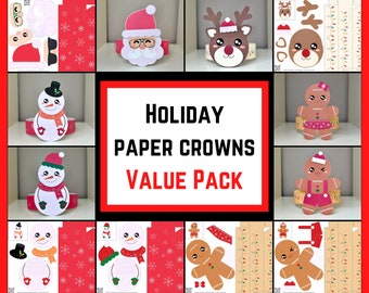DIY Christmas Paper Crown Template: Santa, Reindeer, Snowman, Gingerbread Man (Digital Download)