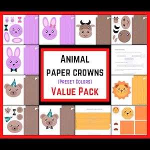 Kawaii Animal Crowns Value Pack Party Craft Printable Party Favors For Kids Bear Craft Template DIY Animal Headband Cute Lion Hat Rabbit Hat