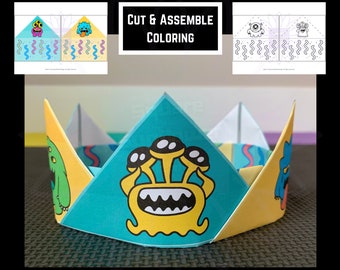Kids Monsters Paper Crown Printable, Origami Crown Template, Preschool Paper Crafts, DIY Paper Headband For Halloween Party Crown PDF