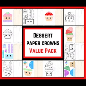 Kawaii Dessert Paper Crown Bundle Party Headband Dzieci Jednostronicowa aktywność do druku Szablony koron na tort urodzinowy Stwórz własne rzemiosło papierowe
