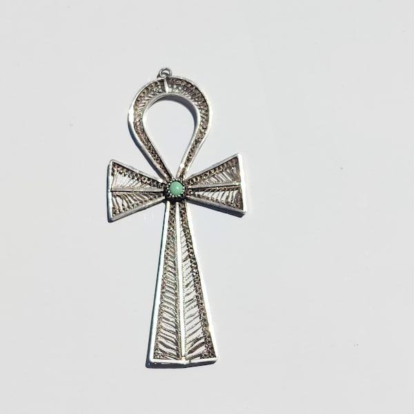 ankh Egyptian filigree handmade silver turquoise cross pendant 1920s