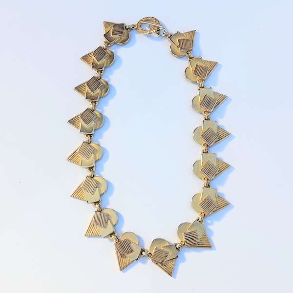 Vintage weighty Pierre Cardin modernist geometric Matt gold tone necklace every link marked by Pierre Cardin